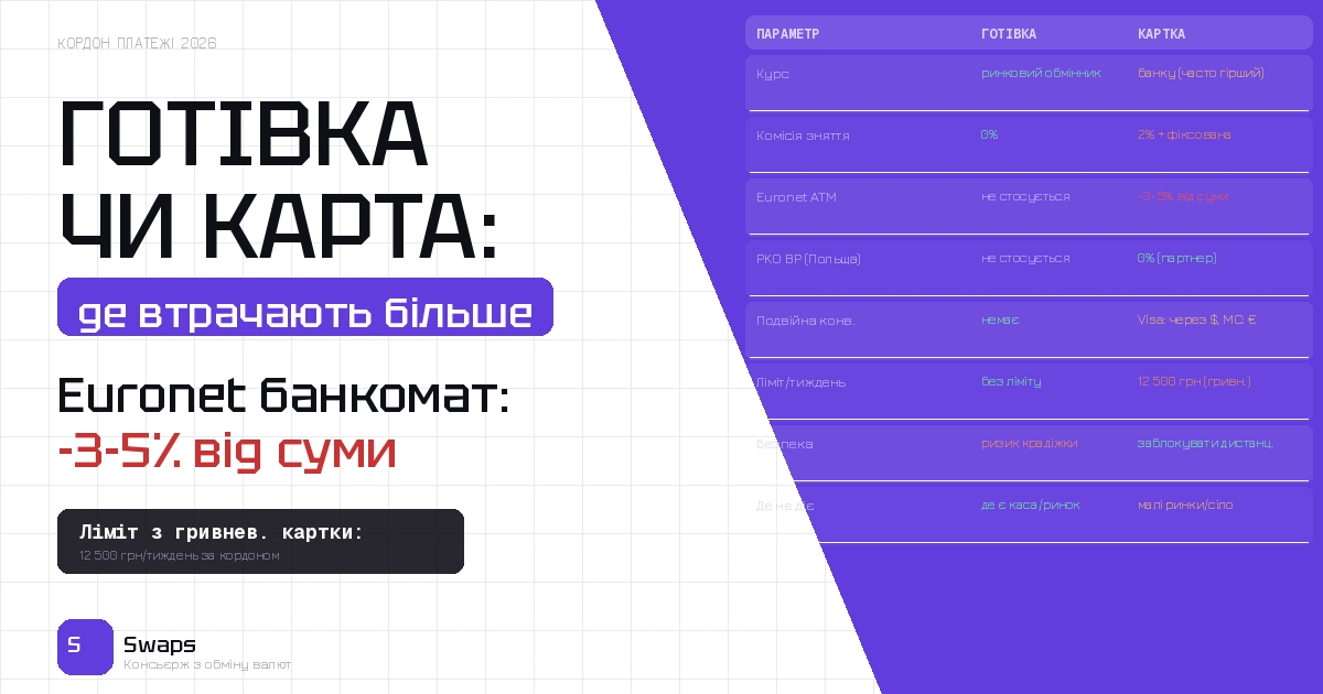 Готівка чи карта за кордоном у 2026: де українці втрачають більше на курсі та комісіях