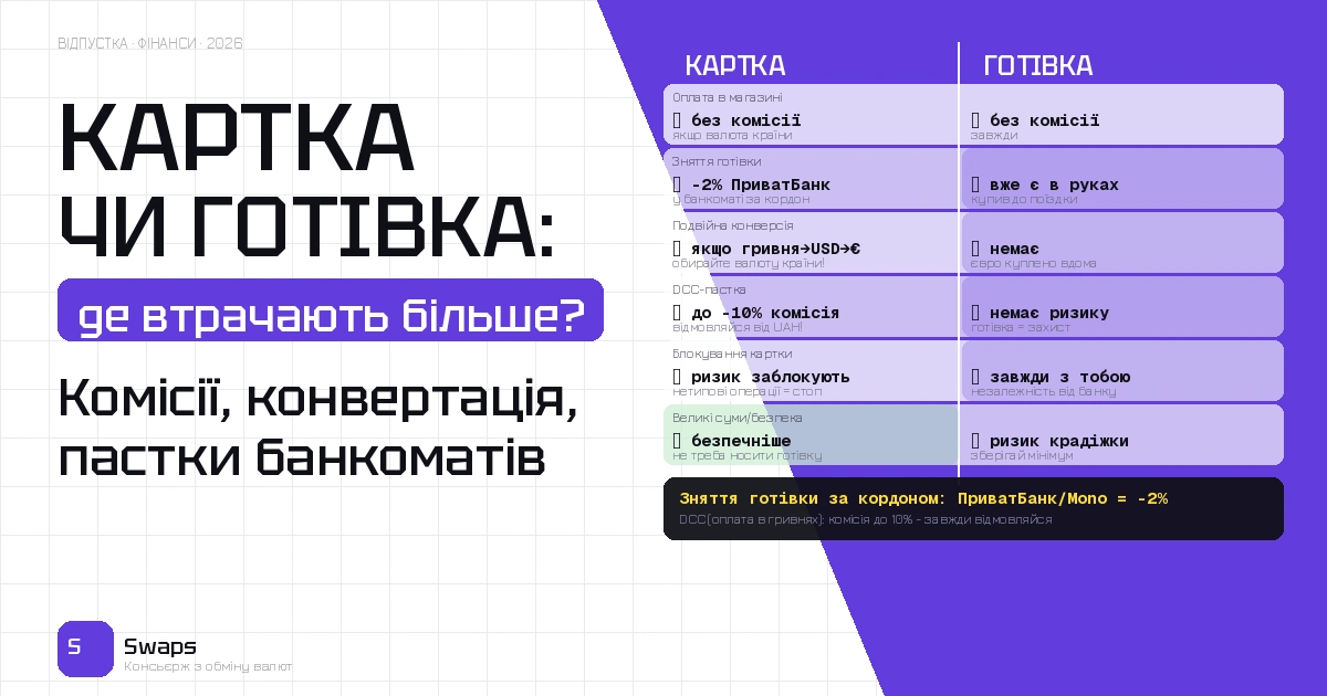 Готівка чи картка за кордоном улітку 2026: на чому українці втрачають більше всього ще до початку відпустки
