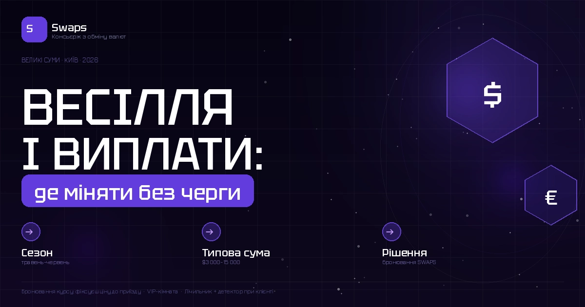 Сезон весіль і великих виплат травень-червень 2026: де в Київі міняють великі суми без черги і питань