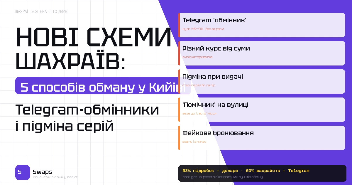 Нові схеми валютних шахраїв у Кийіві: літо 2026 і 5 способів як вас обманюють при обміні