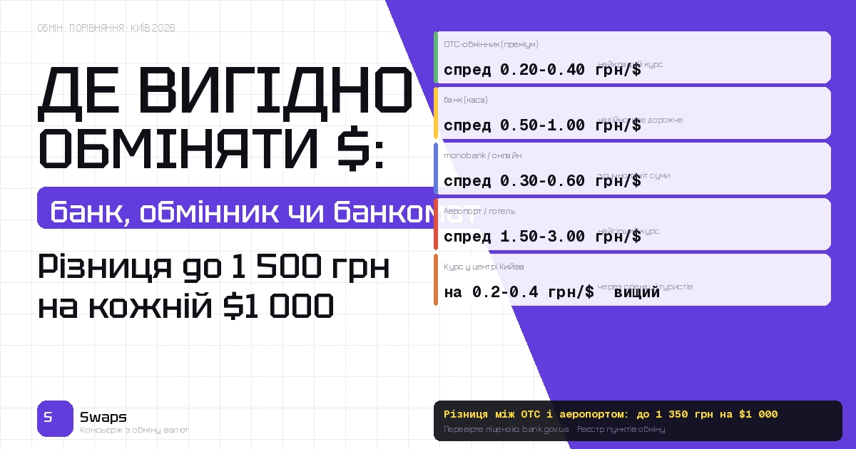 Де вигідно обміняти долари в Кийіві у 2026 році: порівняння обмінників, банків і банкоматів