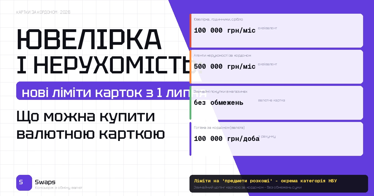 Купівля валютних карток за кордоном з 1 липня: нові ліміти на ювелірку, нерухомість і покупки