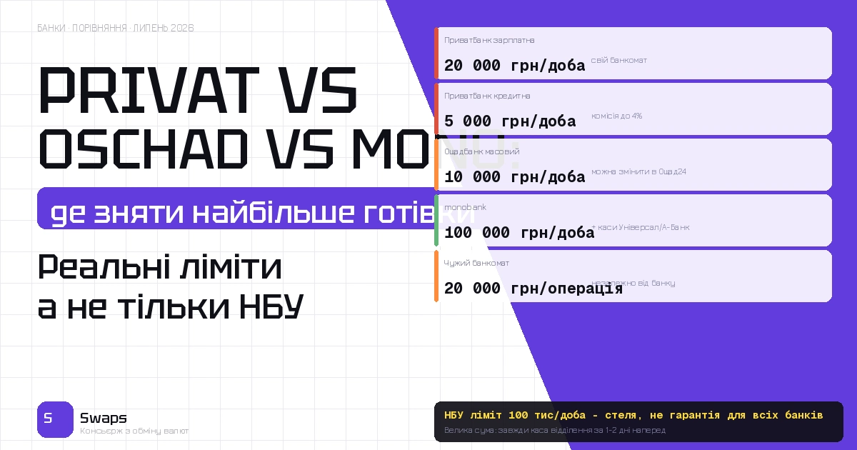 ПриватБанк vs Ощадбанк vs monobank: де у липні 2026 реально зняти найбільше готівки